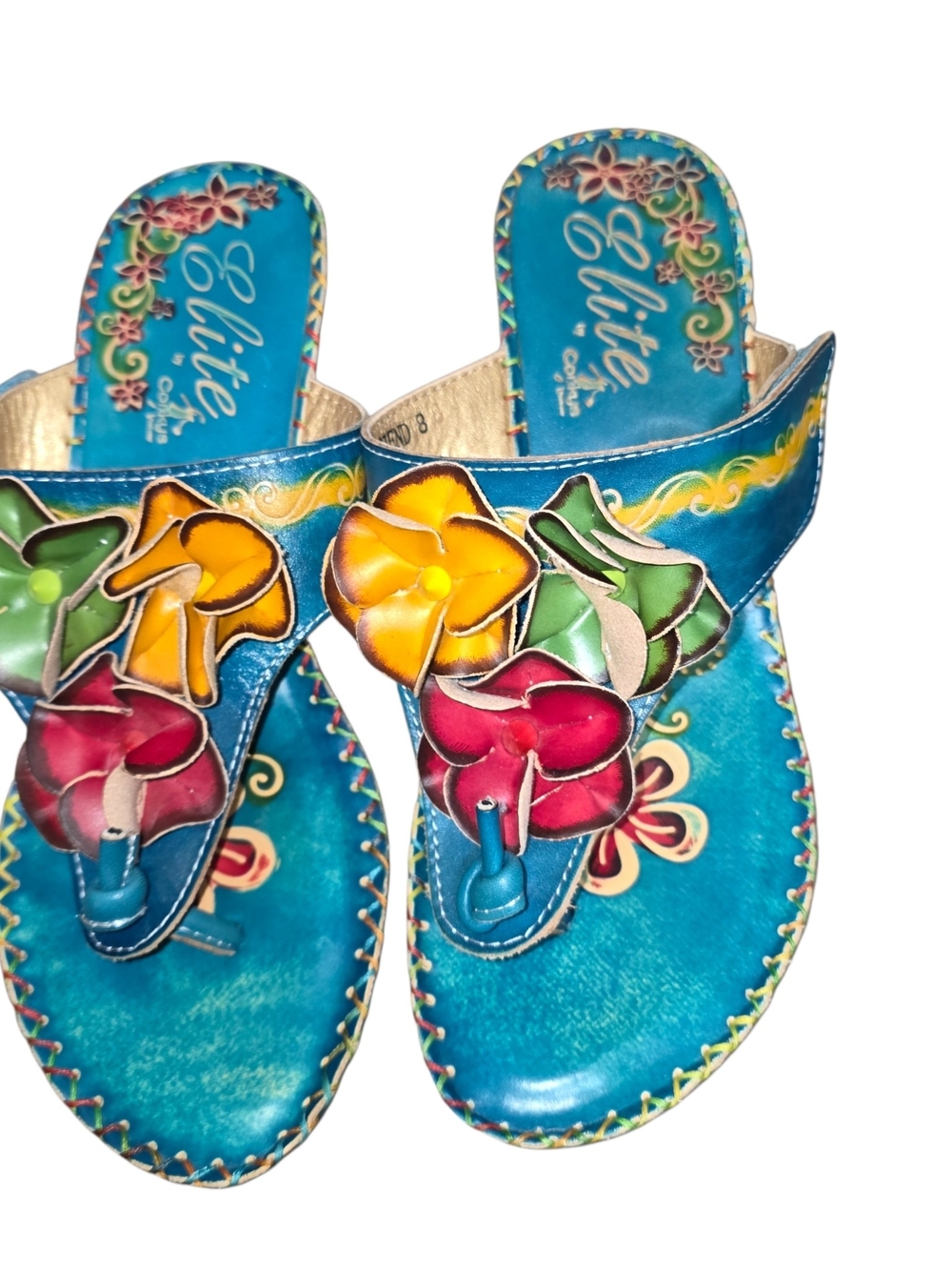 Elite by Corkys Blue Floral Leather Sandals Slip On Low Heel Women's Size 8